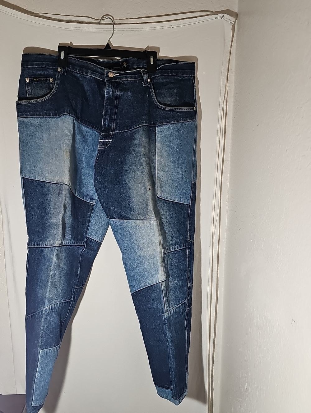 Vintage Men's Patchwork Slim Straight Jeans in Blue